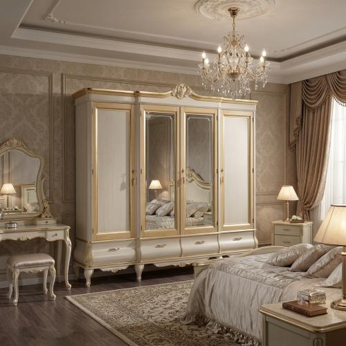 Vitrine Baroque de Luxe Multi-Portes en Ivoire et Or avec Panneaux Miroirs et Base de Rangement Courbée Vue lifestyle par Luxury Group International