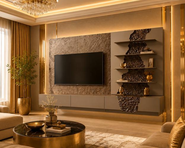 Mobile TV di Lusso Marrone Fungo & Crema con Mensola Dorata di Luxury Group International