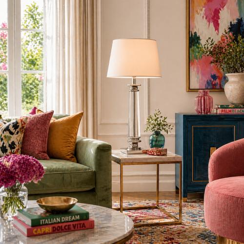 Lámpara de mesa moderna de lujo en cristal con pantalla color crema y acabado en níquel por Luxury Group International