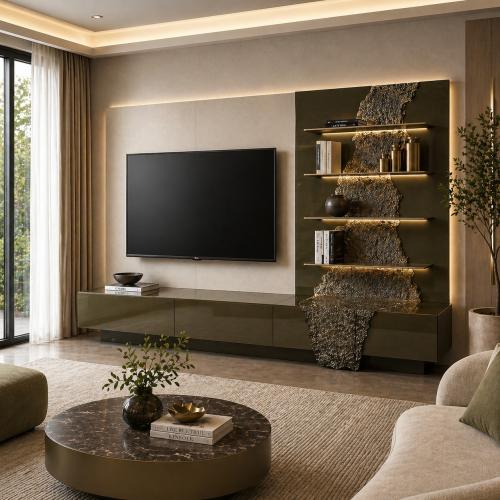 Olive Green & Beige Luxury TV Unit in Matte Painted Wood with Golden Design by Luxury Group International
