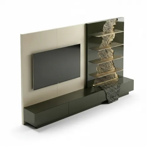 Olive Green & Beige Luxury TV Unit in Matte Painted Wood with Golden Design by Luxury Group International
