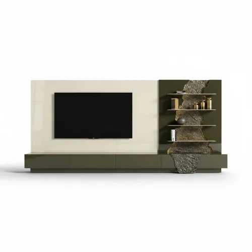 Olive Green & Beige Luxury TV Unit in Matte Painted Wood with Golden Design by Luxury Group International