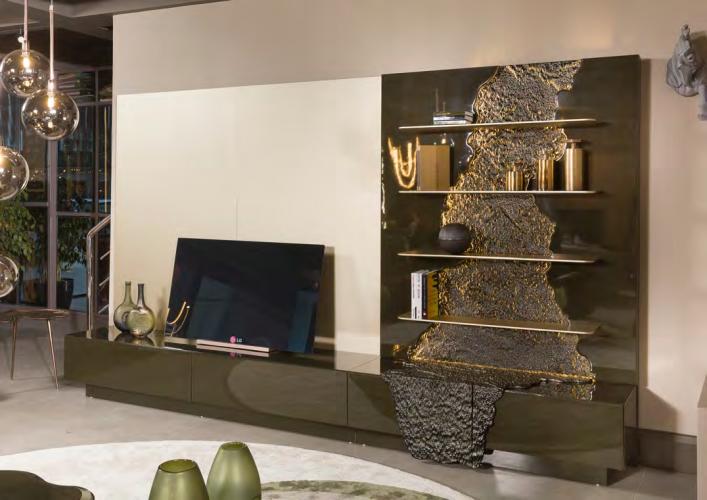 Olive Green & Beige Luxury TV Unit in Matte Painted Wood with Golden Design by Luxury Group International