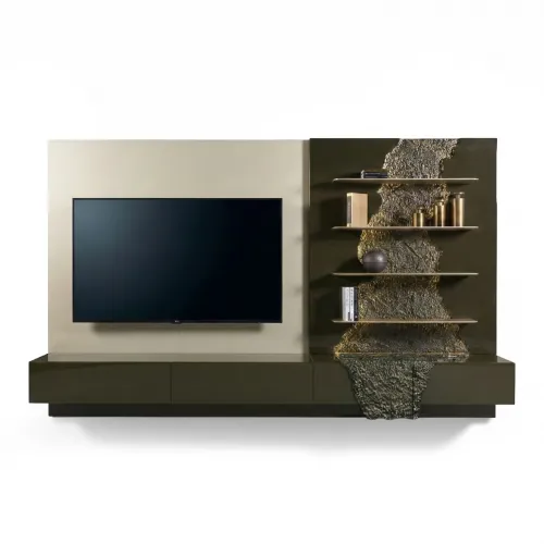 Olive Green & Beige Luxury TV Unit in Matte Painted Wood with Golden Design by Luxury Group International