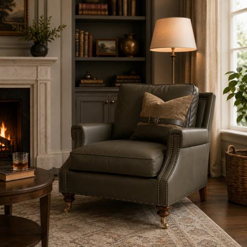 Olivgrünes Luxus-Ledersofa mit Messingrollen - Wohnzimmermöbel Lifestyle-Ansicht von Luxury Group International