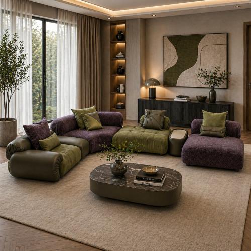 Conjunto de Sofá Modular Esquinero de Lujo en Verde Oliva y Púrpura por Luxury Group International