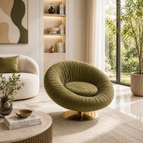 Olive Green Velvet Round 360-Degree Luxury Modern Swivel Round Arm Chair with Golden Base by Luxury Group International