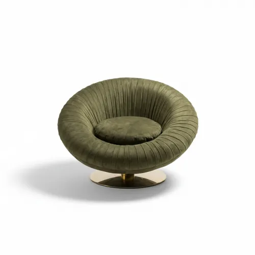 Olive Green Velvet Round 360-Degree Luxury Modern Swivel Round Arm Chair with Golden Base by Luxury Group International