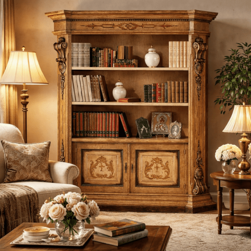 Mobile Scaffale Barocco di Lusso a Giorno in Legno Naturale Color Miele con Mobile Inferiore a Due Ante con Intarsio a Marqueterie Vista lifestyle di Luxury Group International