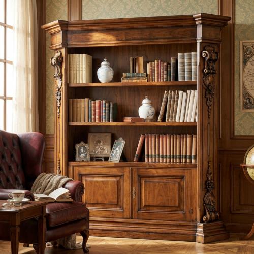 Mobile Scaffale di Lusso Barocco in Legno con Pilastri Intagliati Ebanizzati e Mobile Inferiore con Ripostiglio Vista lifestyle di Luxury Group International