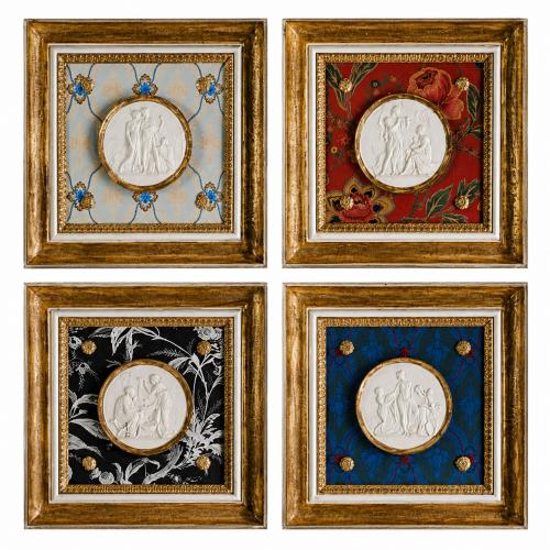 Blue / Red / Black Luxury Framed Medallion Wall Art Set of 4 with Decorative Textile Panels by Luxury Group International