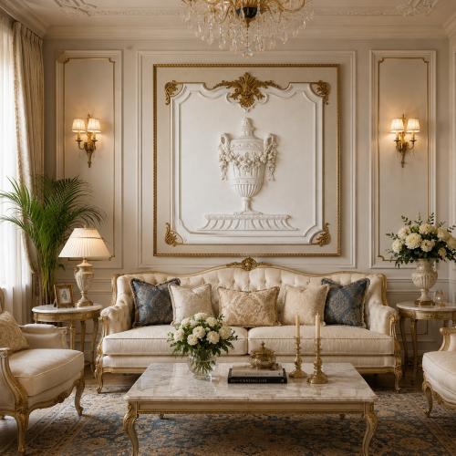 Verzierte französische Rokoko Luxus Wandkunsttafel in Elfenbeinweiß mit antikgoldenem Urnenrelief von Luxury Group International