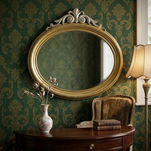 Oval Baroque Luxury Gold Wall Mirror with Silver Scroll Crest - Baroque Mirror Lifestyle View by Luxury Group International