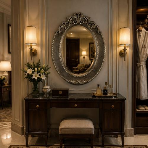 Oval Baroque Luxury Wall Mirror with Ornate Carved Crown & Rope-Twist Frame - Gold & Silver Variants Lifestyle View by Luxury Group International