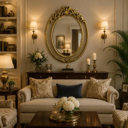 Oval Baroque Luxury Wall Mirror with Ornate Carved Crown & Rope-Twist Frame - Gold & Silver Variants Lifestyle View by Luxury Group International