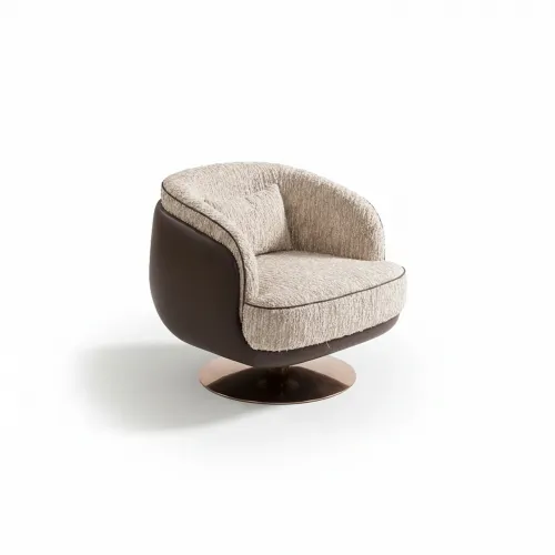 Sillón de lujo de estilo mid-century en tela beige claro con base giratoria redonda de bronce por Luxury Group International