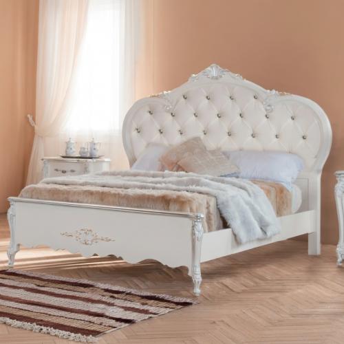 Pearl White Baroque Button-Tufted Luxury Double Bed with Silver Leaf Carved Frame — 212×217 CM Front View by Luxury Group International