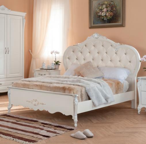 Pearl White Baroque Button-Tufted Luxury Double Bed with Silver Leaf Carved Frame — 212×217 CM Lifestyle View by Luxury Group International
