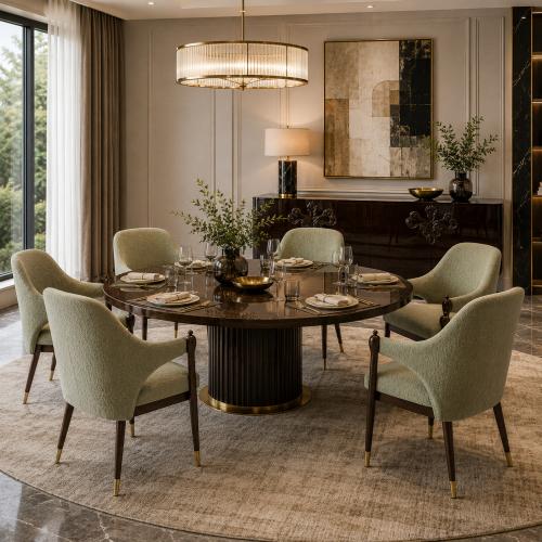 Pistachio green upholstered luxury dining chair with brown wooden legs by Luxury Group International