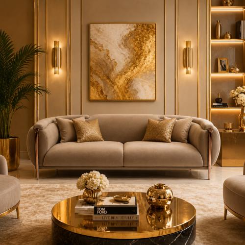 Sofá de Lujo Moderno Premium en tela tapizada mate color topo claro con brazos enrollados por Luxury Group International