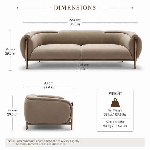 Sofá de Lujo Moderno Premium en tela tapizada mate color topo claro con brazos enrollados por Luxury Group International
