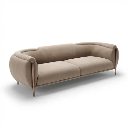 Sofá de Lujo Moderno Premium en tela tapizada mate color topo claro con brazos enrollados por Luxury Group International