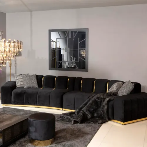 Sofá Moderno de Lujo Tapizado en Terciopelo Negro con Detalles Dorados por Luxury Group International
