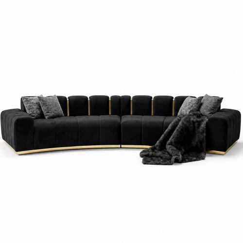 Black Velvet Upholstered Luxury Modern Sofa With Golden Detailing by Luxury Group International