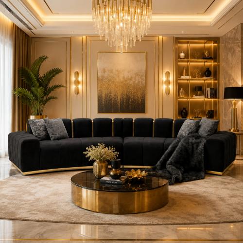 Sofá Moderno de Lujo Tapizado en Terciopelo Negro con Detalles Dorados por Luxury Group International
