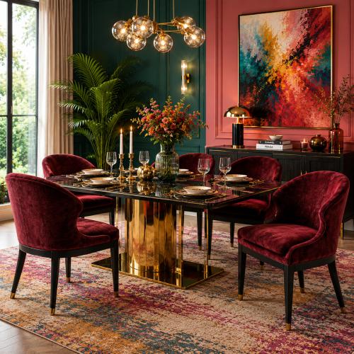 Silla de Comedor de Lujo con Estructura de Metal Negra y Tapizado en Terciopelo Rojo por Luxury Group International