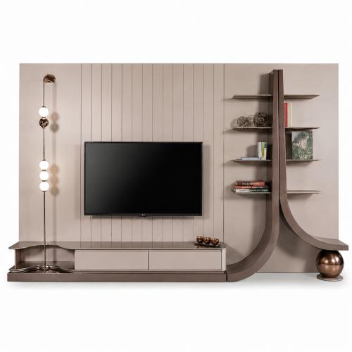 Luxury Modern Curved Shelf Oak & Grey TV Unit with Globe Lighting by Luxury Group International