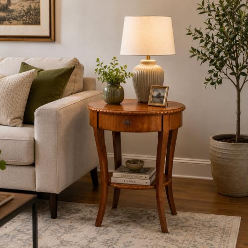 Round Wooden Luxury Side Table with Decorative Edge Detailing & Hidden Drawer Storage Lifestyle View by Luxury Group International