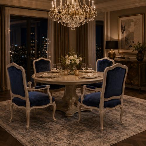 Sillón Tapizado Barroco de Lujo en Terciopelo Azul Real con Estructura de Marfil Tallada a Mano - Muebles para Comedor Vista lifestyle por Luxury Group International
