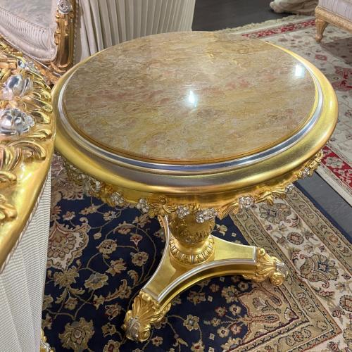 Royal Empire Round Coffee Table – Crema Valencia Marble Top with Gold Leaf and Silver Details Front View by Luxury Group International