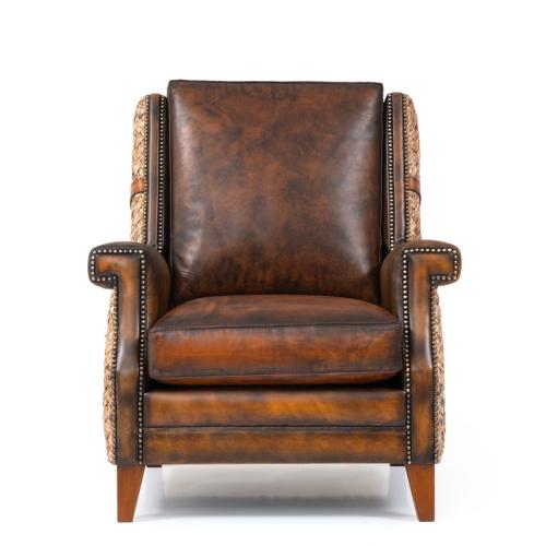 Rustic Leather Luxury Sofa with Handwoven Cane Panels & Nailhead Detailing - Living Room Furniture Front View by Luxury Group International