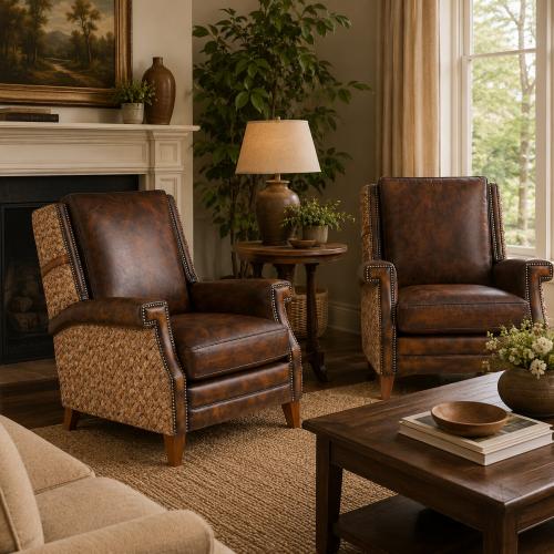 Rustic Leather Luxury Sofa with Handwoven Cane Panels & Nailhead Detailing - Living Room Furniture Lifestyle View by Luxury Group International