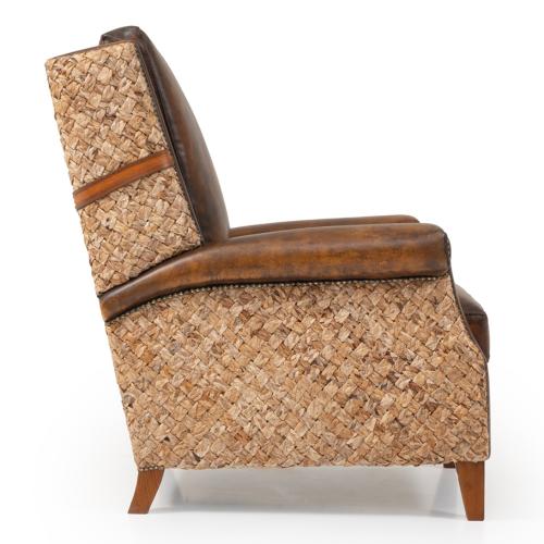 Rustic Leather Luxury Sofa with Handwoven Cane Panels & Nailhead Detailing - Living Room Furniture Side View by Luxury Group International
