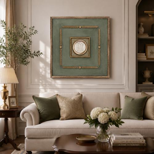 Luxus Grünes & Antikgoldenes Französisches Boiserie-Panel mit Goldblatt Klassischem Wandkunst-Medaillon von Luxury Group International