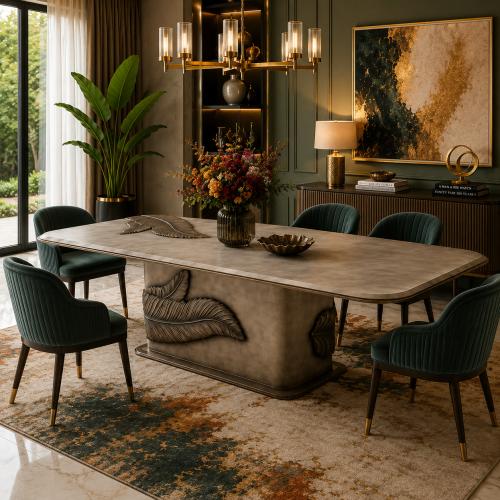 Sculptural Luxury Dining Table in warm taupe satin-matte with antique bronze leaf design by Luxury Group International