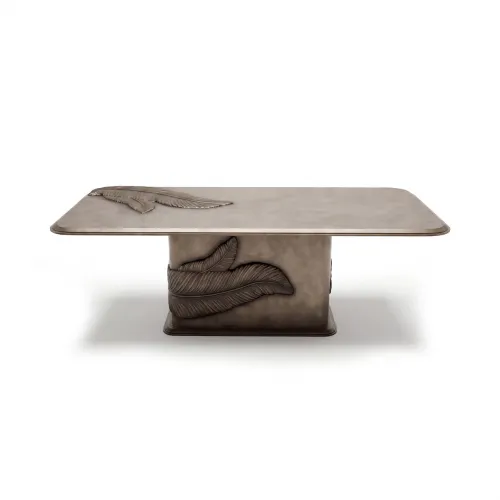 Sculptural Luxury Dining Table in warm taupe satin-matte with antique bronze leaf design by Luxury Group International