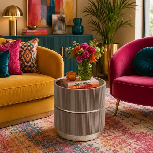Silver & gray Luxury Modern Round Drum Shape side Table with Fluted Design by Luxury Group International