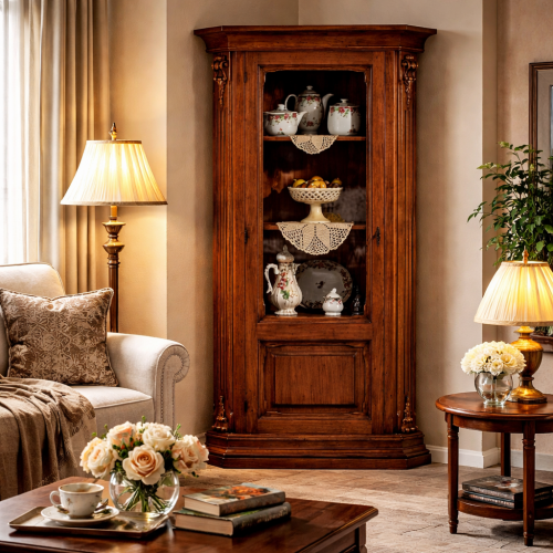Einflügeliger Luxus Barock Holzvitrinenschrank mit geschnitzten Pilastern – Wohnzimmermöbel Lifestyle-Ansicht von Luxury Group International