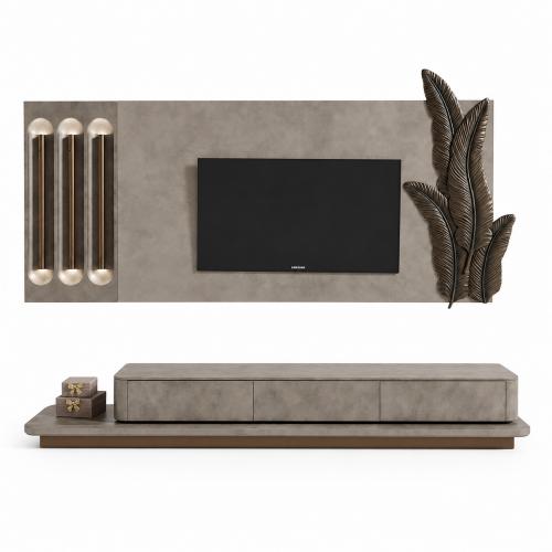 Taupe Grey Luxury Modern TV Unit with Bronze Leaf Wall Design by Luxury Group International