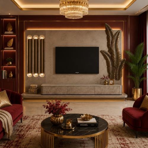 Mueble de TV Moderno de Lujo en Gris Topo con Diseño de Hoja de Bronce en la Pared por Luxury Group International