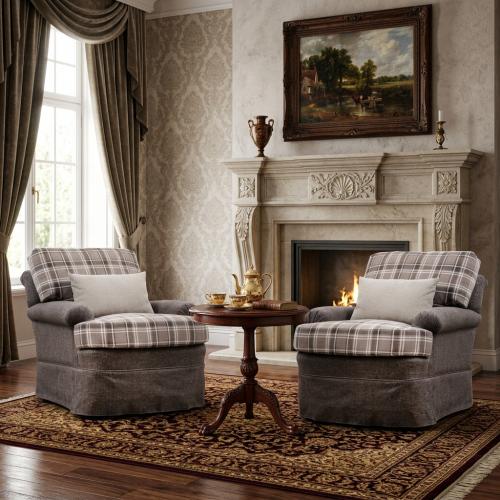 Divano Singolo di Lusso in Tessuto Scozzese Taupe con Comfort Extra Imbottito - Arredamento per Soggiorno Vista lifestyle di Luxury Group International