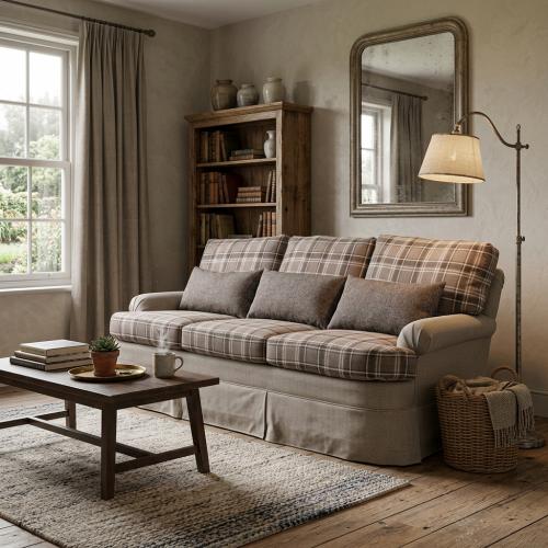 Sofá de Tres Plazas de Lujo en Tela a Cuadros Taupe - Muebles para Sala Vista lifestyle por Luxury Group International