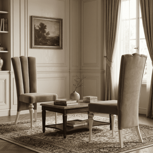 Triple-Channel High-Back Luxury Dining Chair in Taupe Velvet with Ivory Turned Leg Frame - Dining Room Furniture Lifestyle View by Luxury Group International