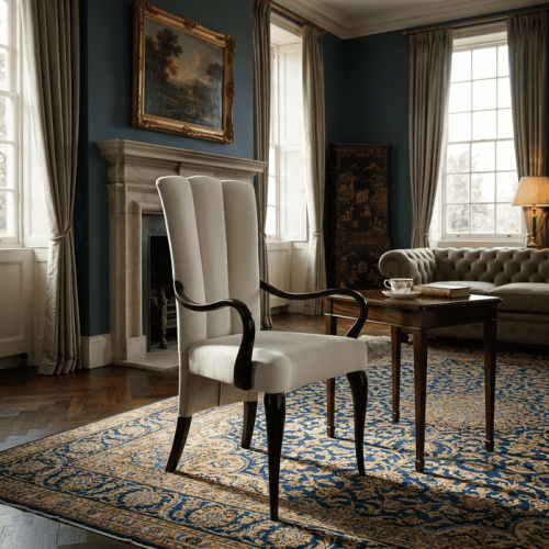 Sillón de Comedor de Madera de Lujo con Respaldo Alto Triple Canal y Tapizado Marfil - Muebles para Comedor Vista lifestyle por Luxury Group International