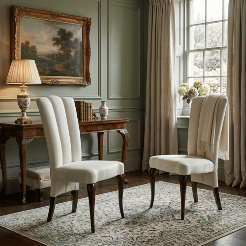Silla de Comedor de Madera de Lujo con Respaldo Alto de Triple Canal y Tapicería Marfil - Muebles para Comedor Vista lifestyle por Luxury Group International