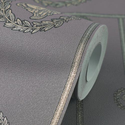 Carta da parati Versace Baroque Grigio Nero Argento Metallizzato Non Tessuta con Testa di Medusa di Luxury Group International
